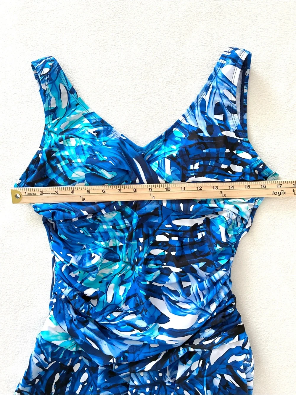 Ceeb Swim Dress 14 Blue Tropical One Piece Swimsuit Ruched Tummy Control Coastal - Picture 9 of 14